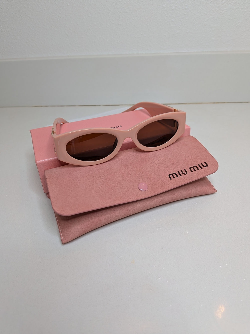 Miu Miu Oval Sunglasses Pink Gold Logo Brown Lenses - Picture 6 of 11